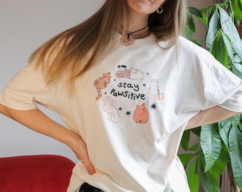 Stay Pawsitive Cat T-Shirt - Organic Jersey Cotton, Relaxed Fit