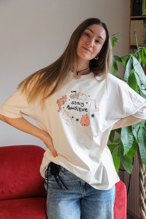 Stay Pawsitive Cat T-Shirt - Organic Jersey Cotton, Relaxed Fit