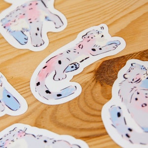 Puede incluir: Cinco pegatinas coloridas con ilustraciones de leopardos de las nieves en varias poses. Las pegatinas est&aacute;n sobre un fondo de madera clara.