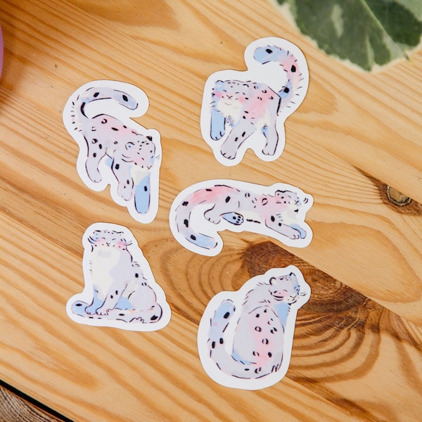 Pack d'autocollants léopard des neiges ~ Stickers brillants kawaii mignons en vinyle imperméable ~ Stickers animaux