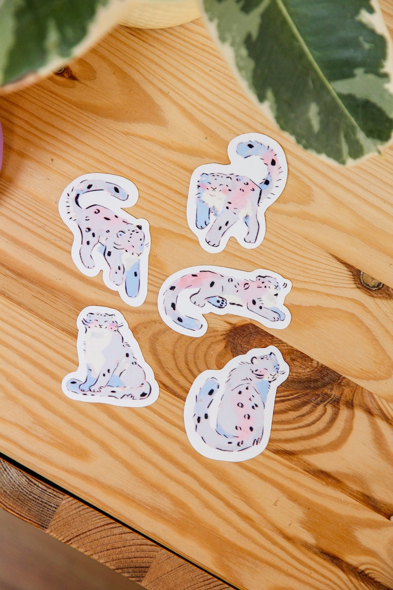 Puede incluir: Cinco pegatinas coloridas con ilustraciones de leopardos de las nieves en varias poses. Las pegatinas est&aacute;n sobre una superficie de madera marr&oacute;n claro.