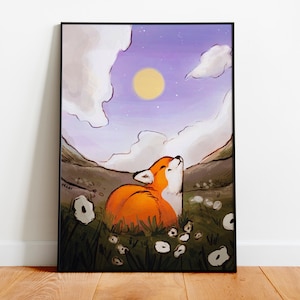 Fox Landscape Fullmoon Print ~ Animal Sun Art Print ~ Archival Paper Print