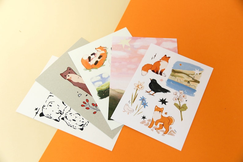 Pack of Postcards Cute Illustrated Animal A6 Post Card Art Print Animal Design Set of Three or Five zdjęcie 3