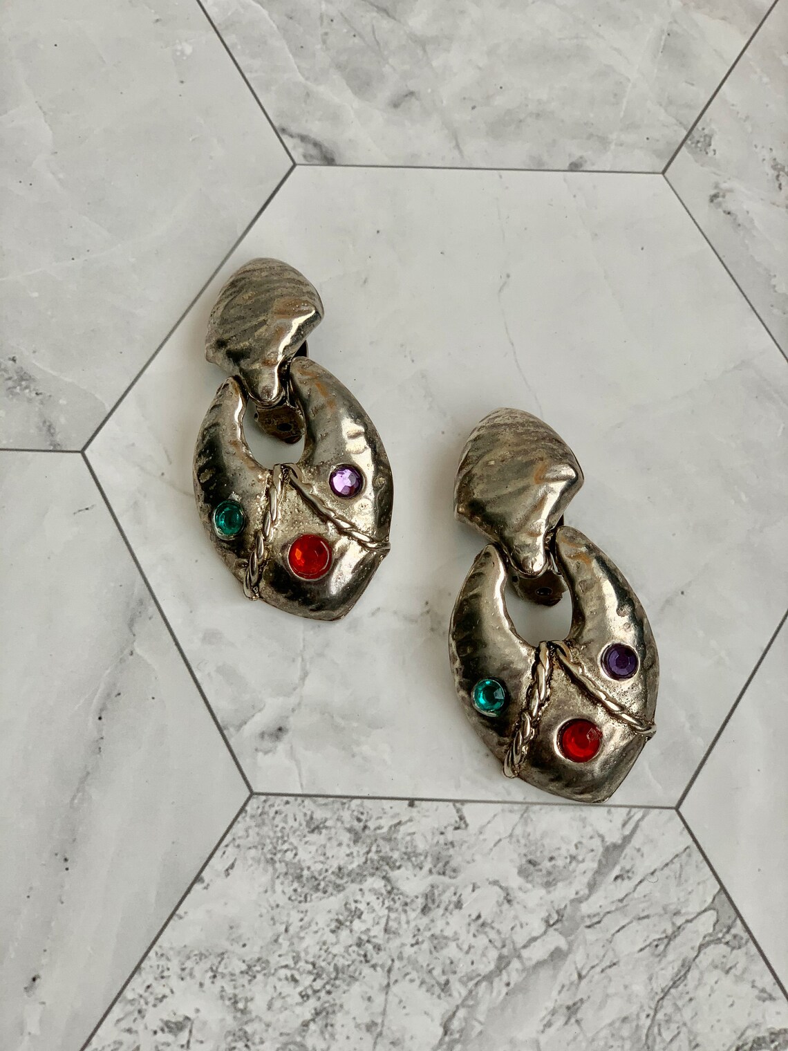 Vintage Statement Earrings / Large Silver Multicolour Earrings / 90s Earrings / Statement