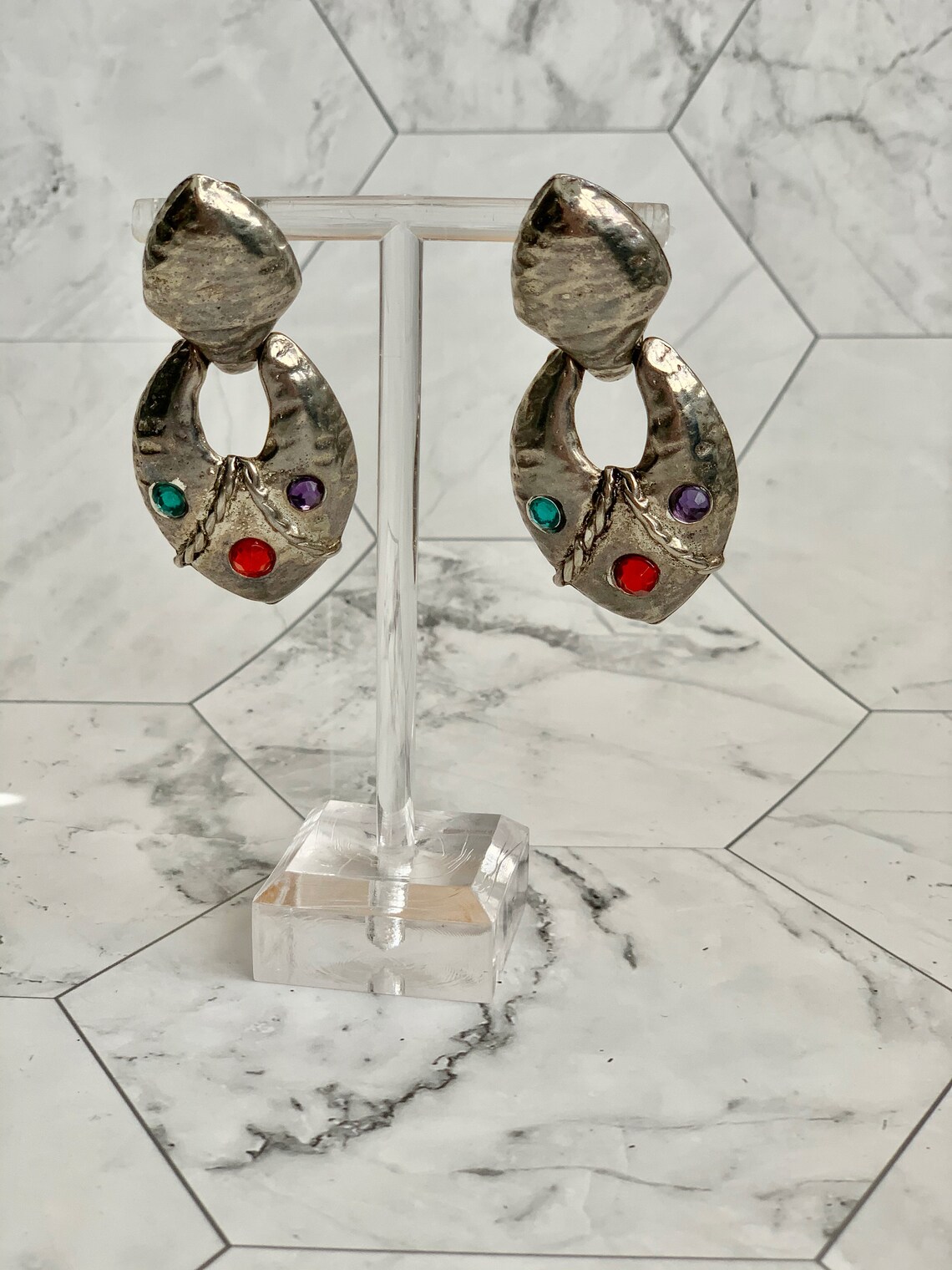 Vintage Statement Earrings / Large Silver Multicolour Earrings / 90s Earrings / Statement