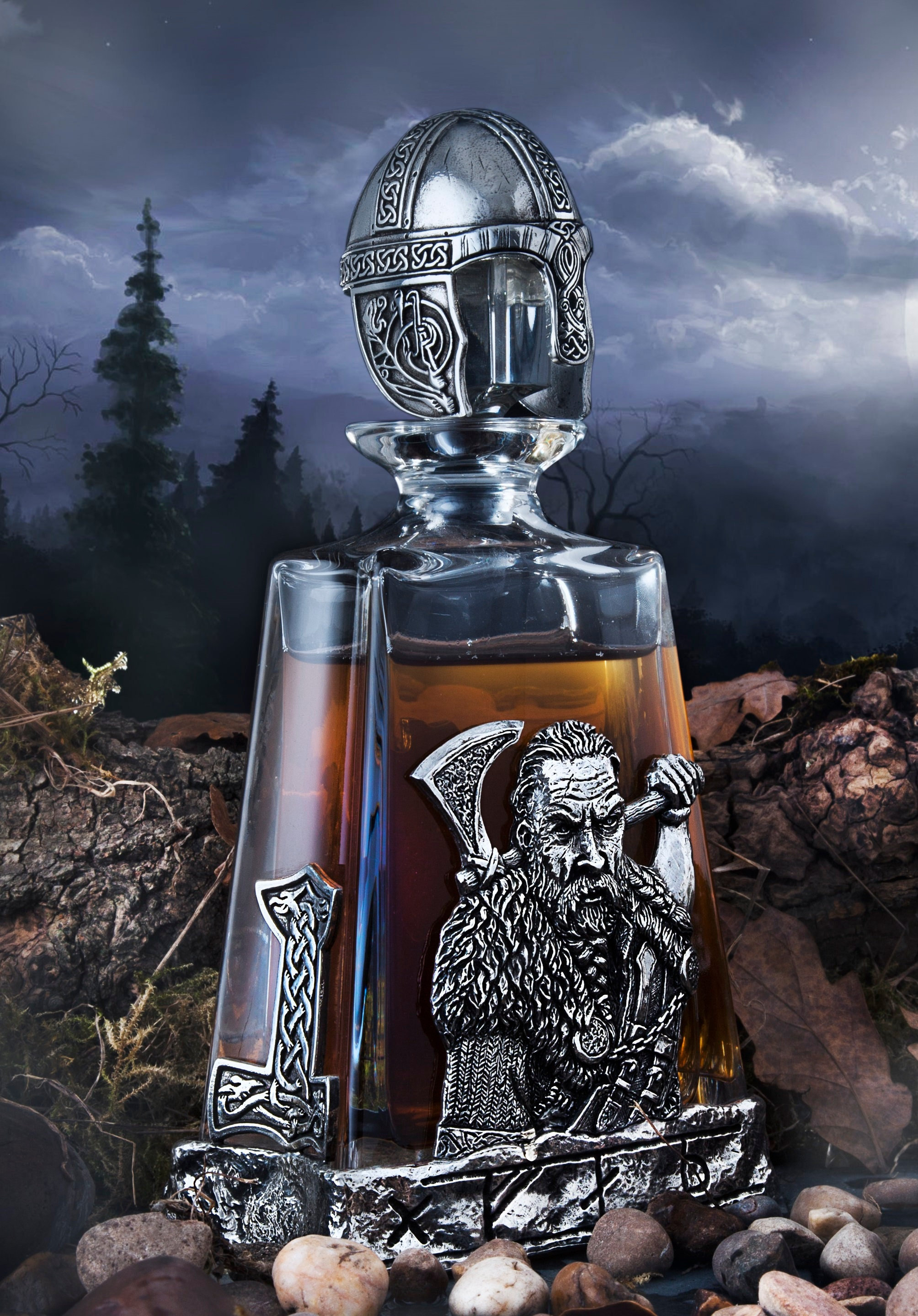 Viking Norse Warrior and Longship Luxury Pewter Glass Decanter