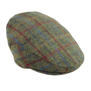 Harris Tweed Flat Cap - Olive Green / Red Check