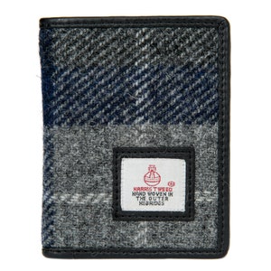 Cartera plegable fina Harris Tweed para hombre, a cuadros grises y azules