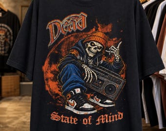 Dead State of Mind Shirt, Halloween Hip Hop T, Skeleton Boombox, Graffiti, Streetwear, Spooky Season