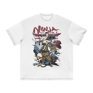 May include: White t-shirt featuring a graphic of multiple anime characters with the text "NINJA SCROLL" in red. The design includes figures in various poses, with swords and traditional Japanese attire.