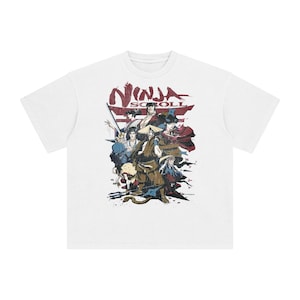 May include: A white short-sleeve t-shirt featuring a graphic print of the anime Ninja Scroll. The design displays multiple characters in a battle scene with swords and traditional attire, topped with the red text Ninja Scroll.