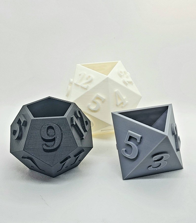 Table Top RPG Dice Succulent Planter Set 3D Printed 3D Printed Plant Pot 20 sided, 12 sided, 8 sided Dice Set Monochrome