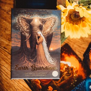 May include: A rectangular oracle card deck box titled Earth Guardians The Oracle of Animal & Plant Soul Guardians by Kim Kassandra Schmid, featuring an illustration of a person with long white hair standing before an elephant with butterfly wings.