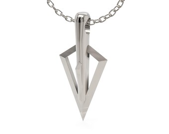 May include: A silver pendant necklace with a geometric arrowhead design. The arrowhead is made of two overlapping triangles, with a pointed tip.