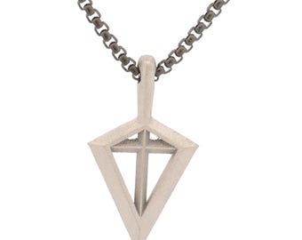 May include: A silver chain necklace with a pendant shaped like a diamond with a cross inside.