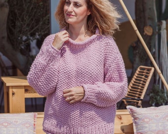 Chunky sweater knitting pattern | Crew neck sweater pattern PDF for women