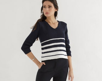 V-Neck Striped Sweater Knit Pattern | Women's knitting design (PDF Pattern)