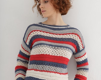 Lace sweater knitting pattern | Striped crew neck sweater for women