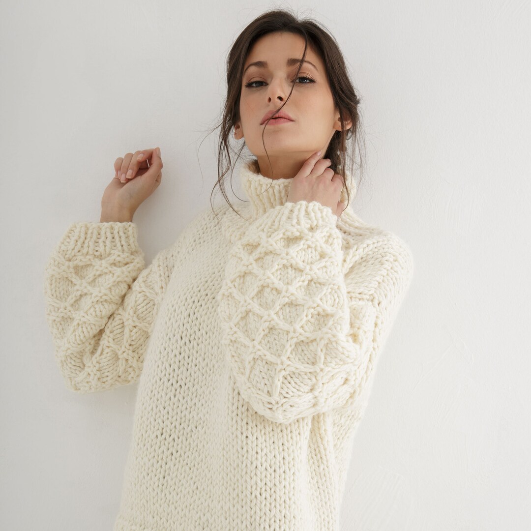 Chunky Sweater Knitting Pattern High Neck Sweater With Diamond Sleeves for Women - Etsy