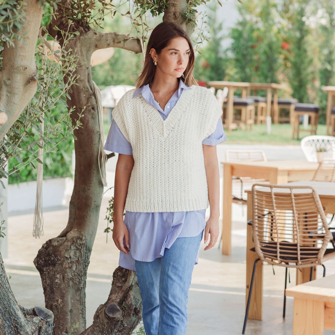 Vneck Vest Knitting Pattern for Women Chunky Sweater Knit Etsy