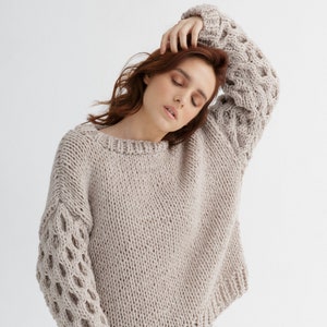 Chunky sweater knitting pattern for women | Crew neck sweater pdf