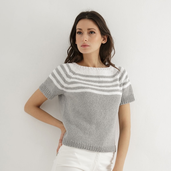 Raglan sleeved tee knitting pattern | Striped top knit pattern pdf