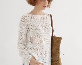 Lace sweater knit pattern | Crew neck sweater pdf for women