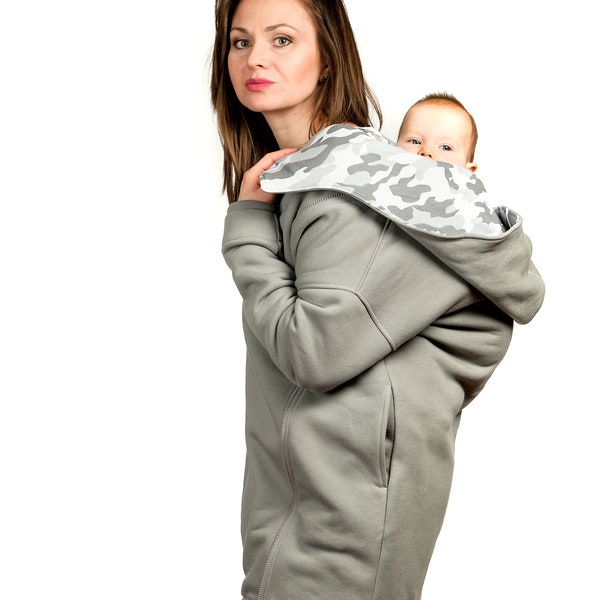 Veste de portage de bébé manteau à capuche NELA 4en1 Maternité Grossesse Multifonctionnelle Kangourou veste de garde gris avec imprimé