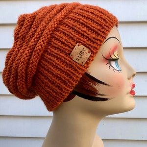 ORANGE slouchy hat woman, Knit beanie hat, Chunky knit beanie slouchy, Beanie women acrylic hat, Boho knit slouch hat.