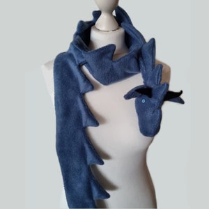 Dragon scarf, ice blue fleece, handmade by TROLLART