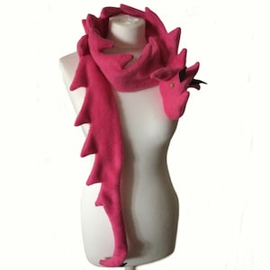 Dragon scarf, pink fleece, green or blue eyes, handmade by TROLLART