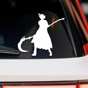 May include: White silhouette of a person holding a large scythe, the person is wearing a long robe and has long hair, the silhouette is on a black background.