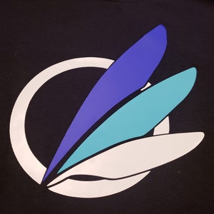 May include: A white circle with a blue, teal, and white abstract design inside. The design resembles a stylized feather or wing.