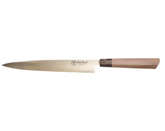 Cuchillo de chef Yanagiba de acero inoxidable forjado artesanalmente con mango Wa - Regalo de cocina personalizado