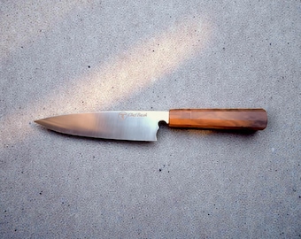 Custom Japanese Chef Knife High Carbon Steel - Hand Forged Gyuto - Root Walnut Wood Handle Kitchen Gift