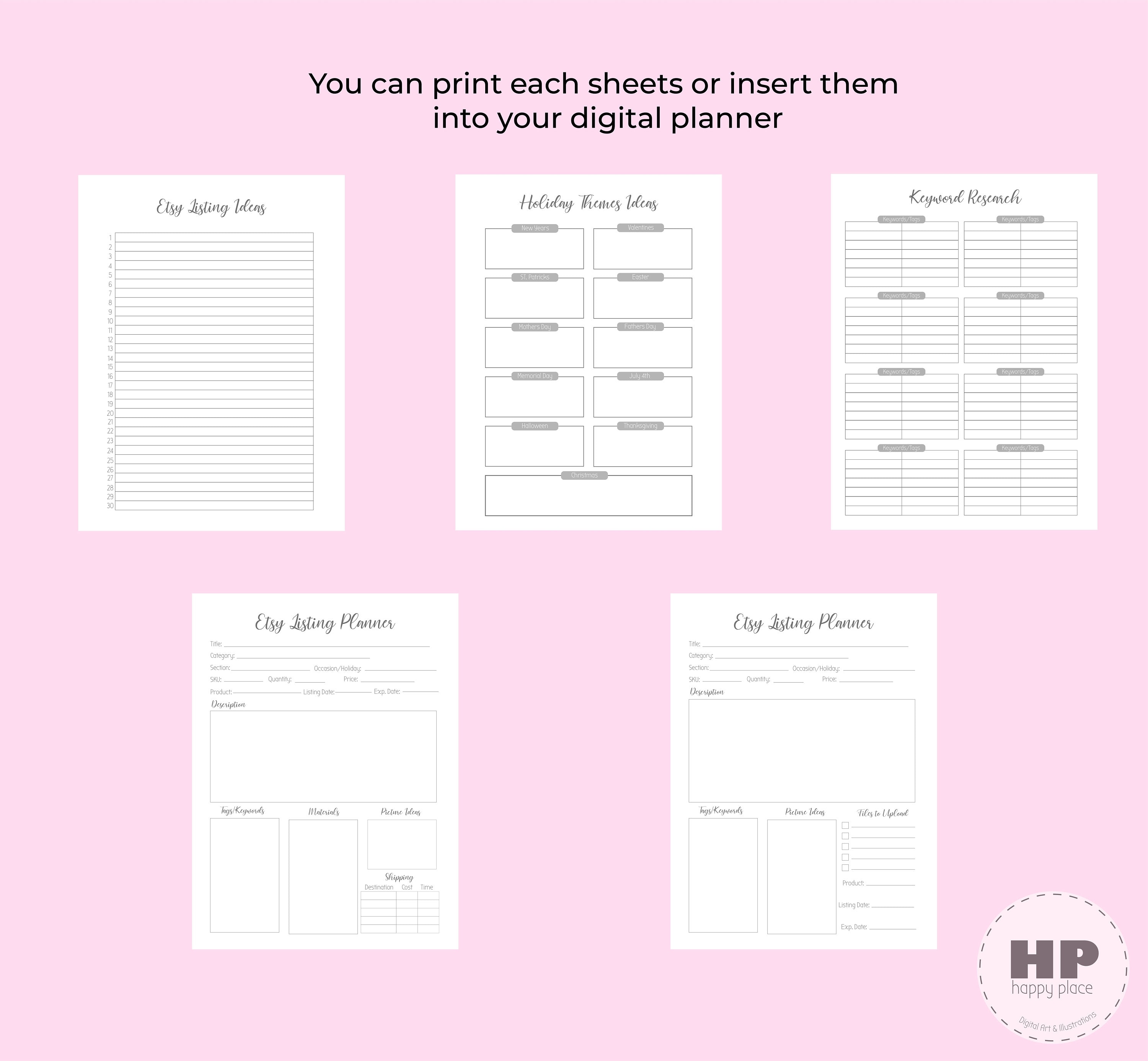 Etsy Seller Listing Planner / Printable Etsy Planner / Digital Etsy