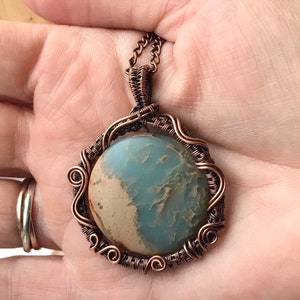 Copper wire wrapped imperial jasper stone pendant