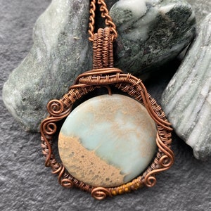 Copper wire wrapped imperial jasper stone pendant