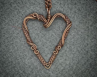 Antiqued copper wire wrapped heart pendant