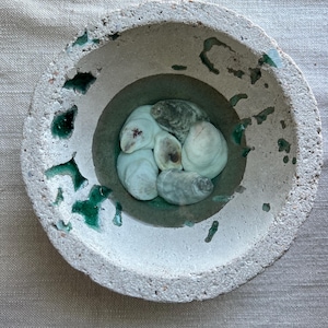 May include: A round, textured concrete bowl with a dark green interior and accents. The bowl contains several white and gray seashells. The bowl sits on a beige linen surface.