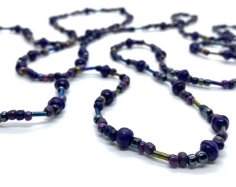 Dark Purple Beaded Necklace, Seed Bead, Wooden, Metallic, Multi-Wear