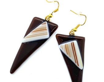 Earrings, dangle, drop, brown, gold, jewelry, stainless steel, artistic, art deco