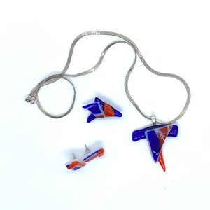 Jewelry, matching set, pendant, earrings, pin, brooch, fused glass, blue, orange,