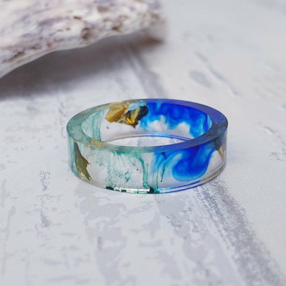 Handmade Resin Ring Blue & Green Ink Clear Resin Ring | Etsy