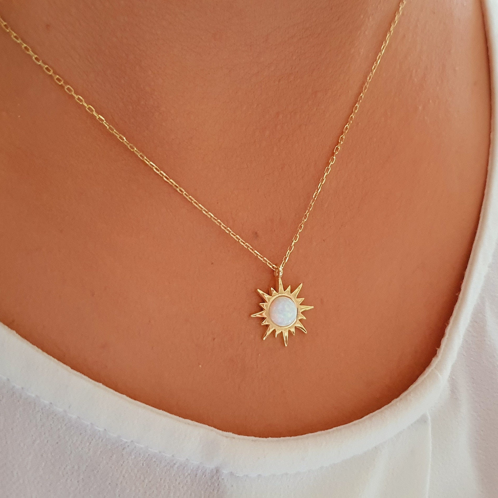 14k Solid Gold Sun Necklace Opal Stone Sun Necklace | Etsy