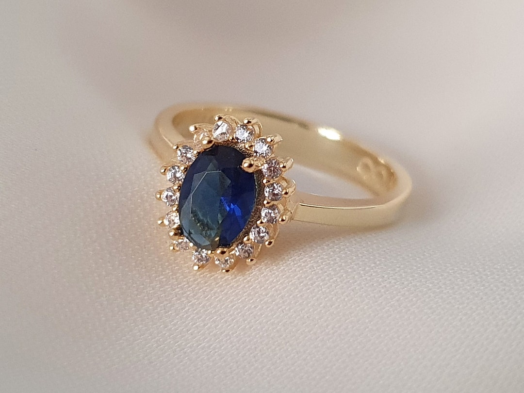 10k 14k 18k Solid Gold Sapphire Ring, Real Gold Halo Ring, Oval Cut ...