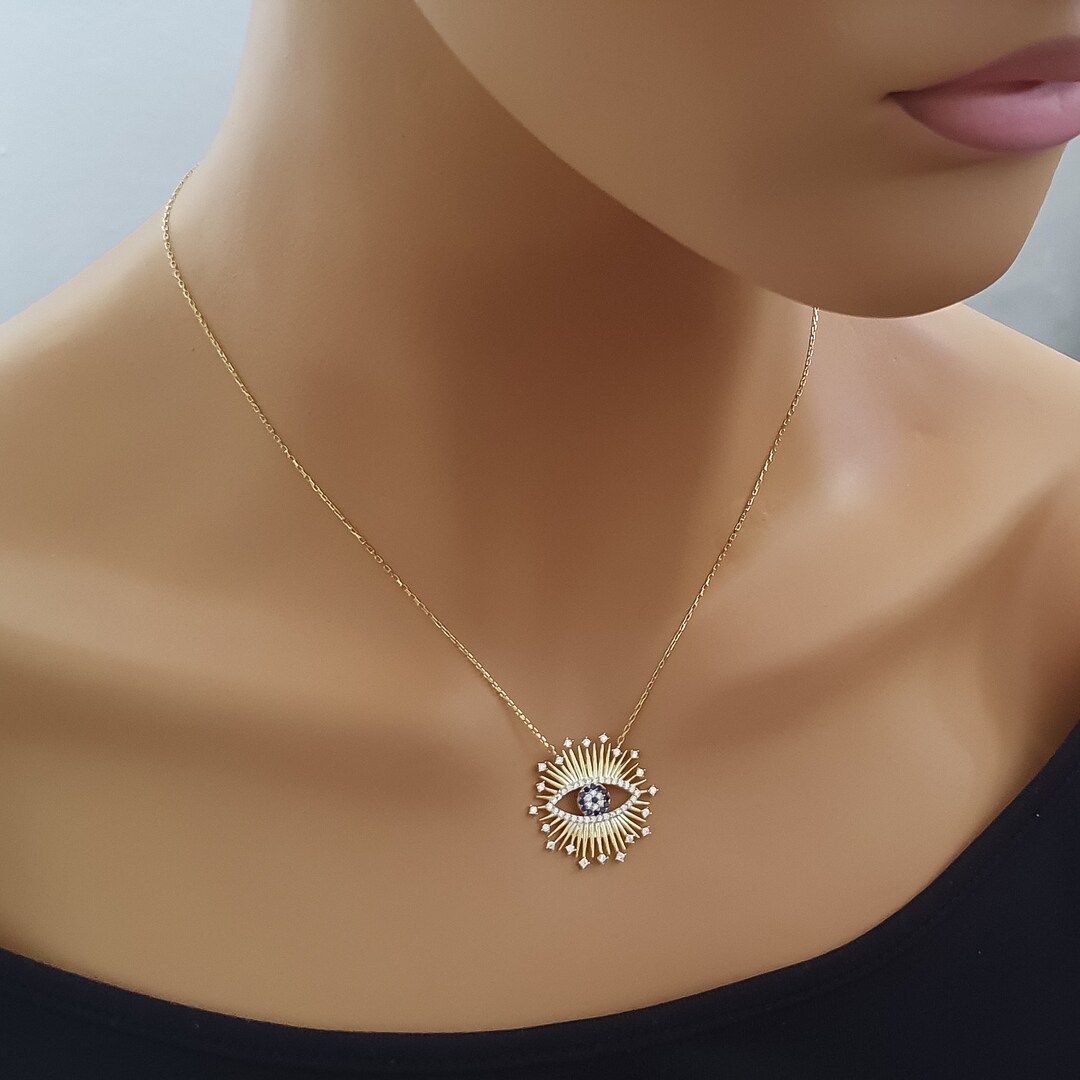 10k 14k 18k Solid Gold Evil Eye Necklace, Gold Evil Eye Pendant, Evil