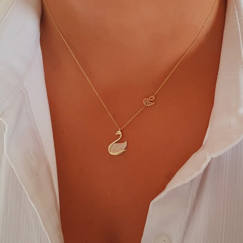 14k Solid Gold Swan Necklace Double 