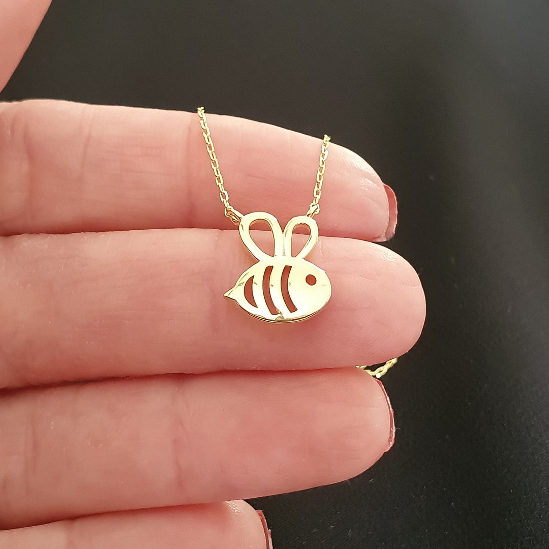 10k 14k 18k Solid Gold Bee Necklace, Gold Bee Pendant, Animal Necklace