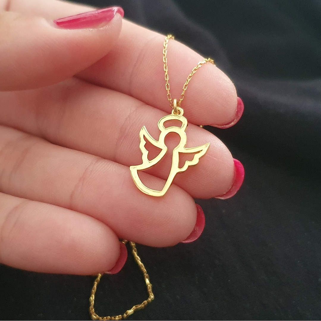 10k 14k 18k Solid Gold Angel Necklace, Guardian Angel Pendant
